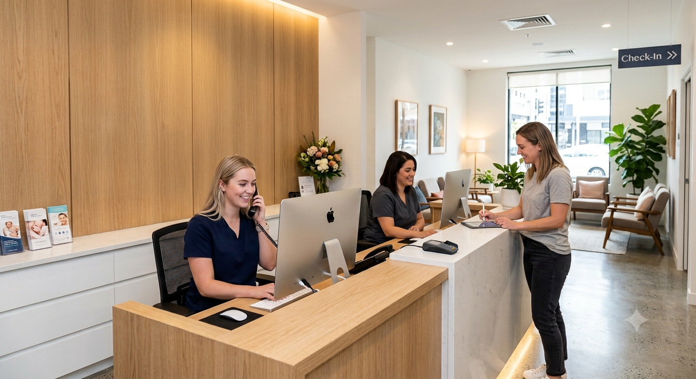 Friendly front desk team welcoming a patient at a modern dental office